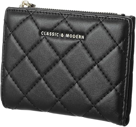 Women's Short Diamond Lattice Pattern Quilted Wallet with Golden Letters(Black)