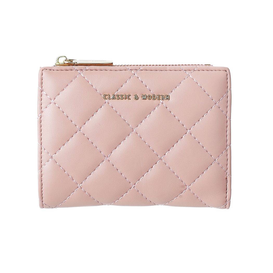 Women's Short Diamond Lattice Pattern Quilted Wallet with Golden Letters(Pink)