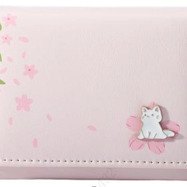 Women's Sakura Cat Tri-fold Short Wallet(Light Pink)