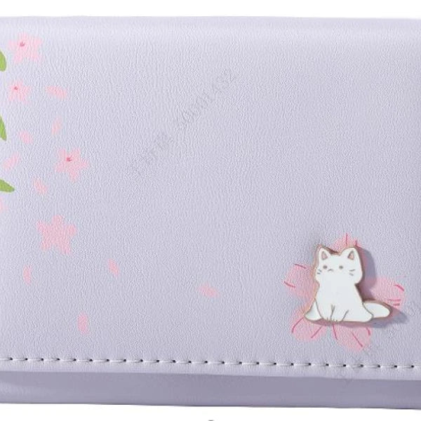 Women's Sakura Cat Tri-fold Short Wallet(Light Purple)