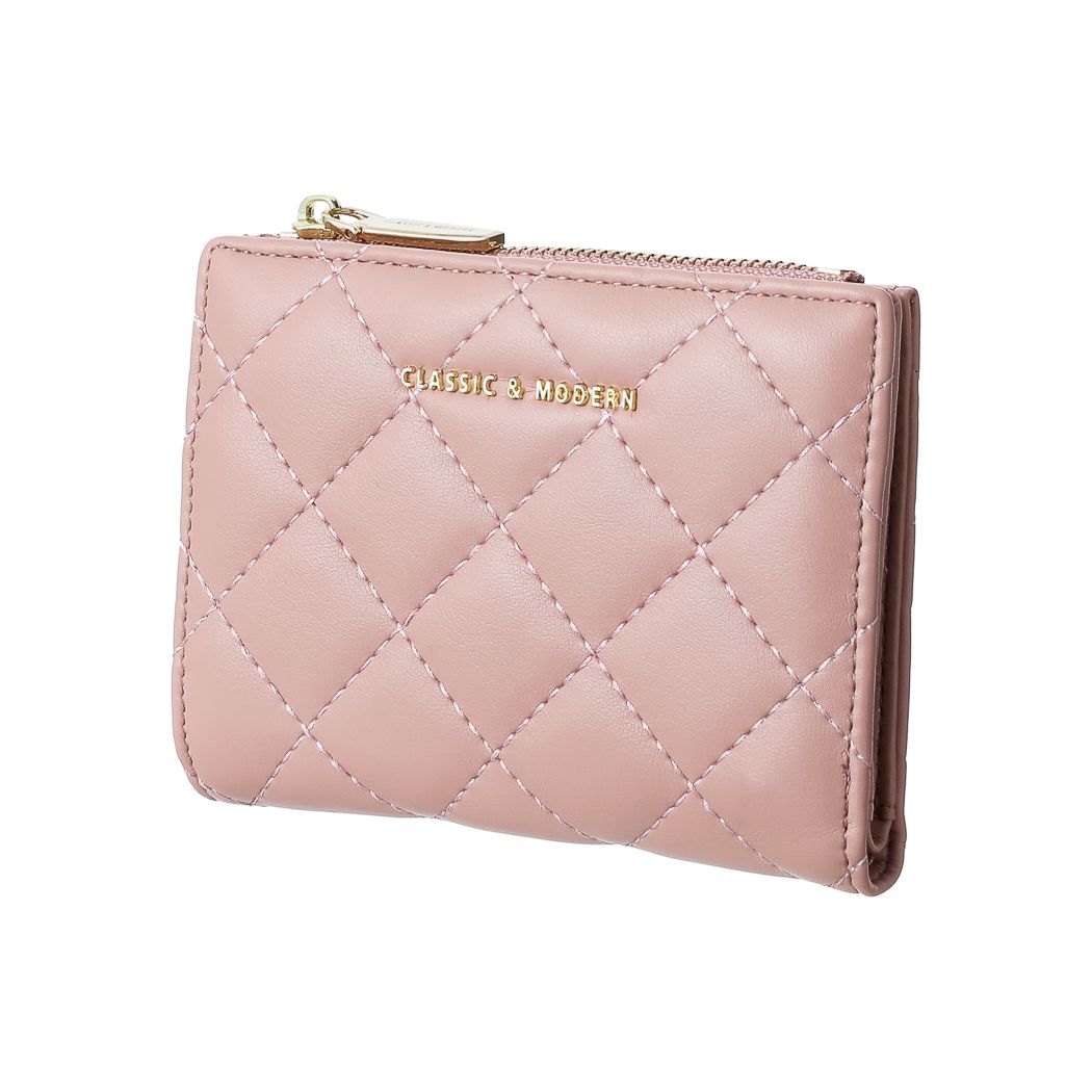 Women's Short Diamond Lattice Pattern Quilted Wallet with Golden Letters(Pink)